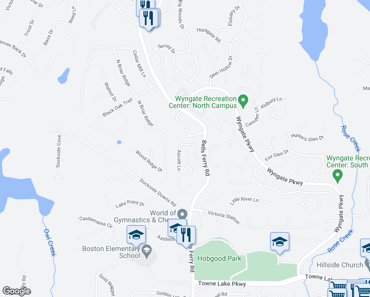 map of restaurants, bars, coffee shops, grocery stores, and more near 427 Belmont Way in Woodstock