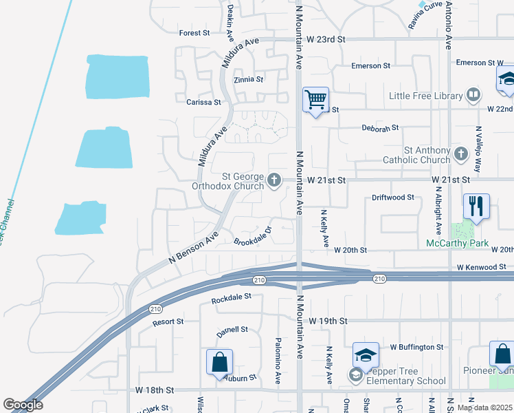 map of restaurants, bars, coffee shops, grocery stores, and more near 1298 Brookhaven Place in Upland