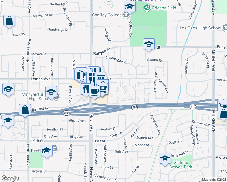map of restaurants, bars, coffee shops, grocery stores, and more near in Rancho Cucamonga