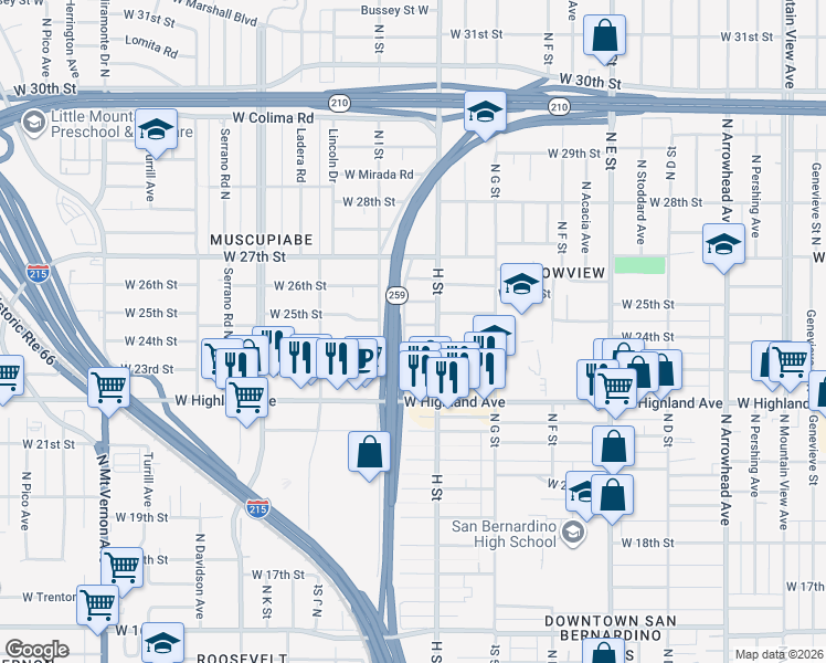 map of restaurants, bars, coffee shops, grocery stores, and more near 847 West 25th Street in San Bernardino