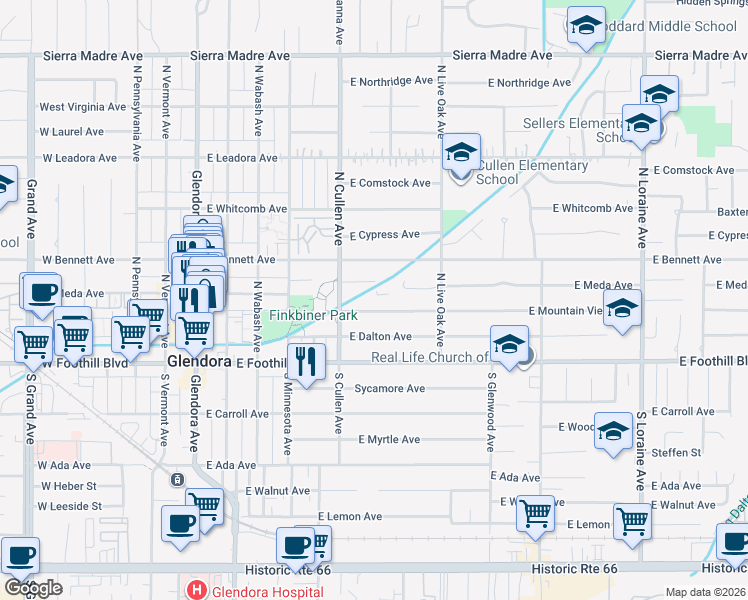 map of restaurants, bars, coffee shops, grocery stores, and more near 555 East Mountain View Avenue in Glendora