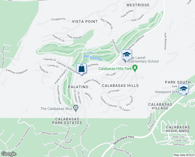 map of restaurants, bars, coffee shops, grocery stores, and more near 24761 Vía Del Llano in Calabasas