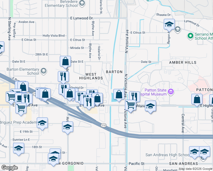 map of restaurants, bars, coffee shops, grocery stores, and more near 2692 Highland Avenue in Highland
