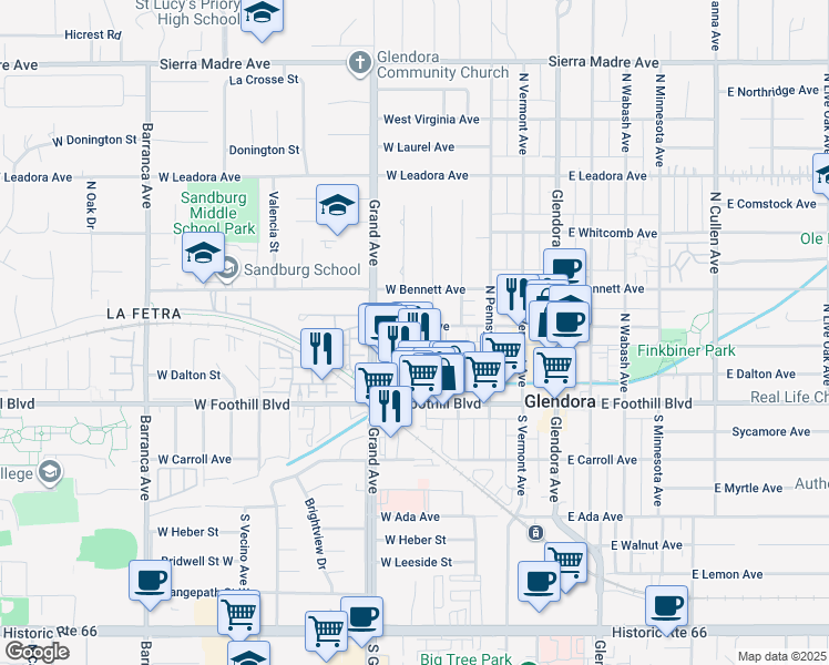 map of restaurants, bars, coffee shops, grocery stores, and more near 420 West Meda Avenue in Glendora