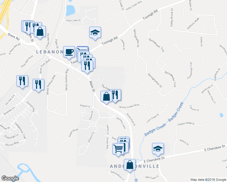 map of restaurants, bars, coffee shops, grocery stores, and more near 241 Fox Creek Boulevard in Woodstock