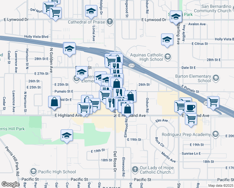 map of restaurants, bars, coffee shops, grocery stores, and more near 2393 Del Rosa Avenue North in San Bernardino