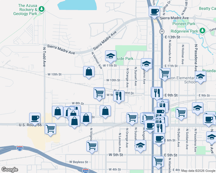 map of restaurants, bars, coffee shops, grocery stores, and more near 935 North McKeever Avenue in Azusa