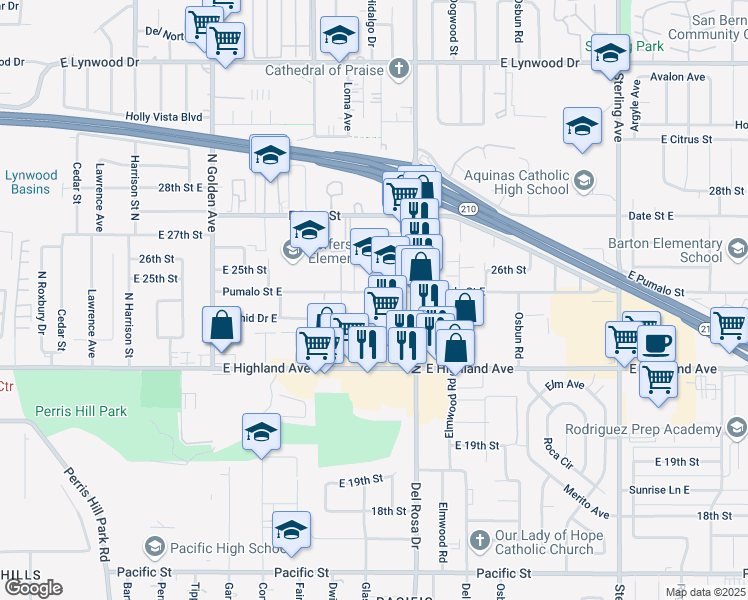 map of restaurants, bars, coffee shops, grocery stores, and more near 2378 Del Rosa Avenue North in San Bernardino