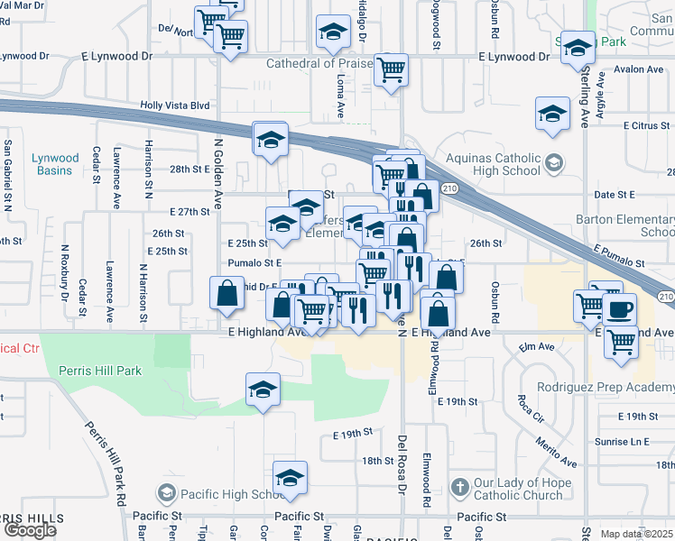 map of restaurants, bars, coffee shops, grocery stores, and more near 1515 Pumalo Street East in San Bernardino