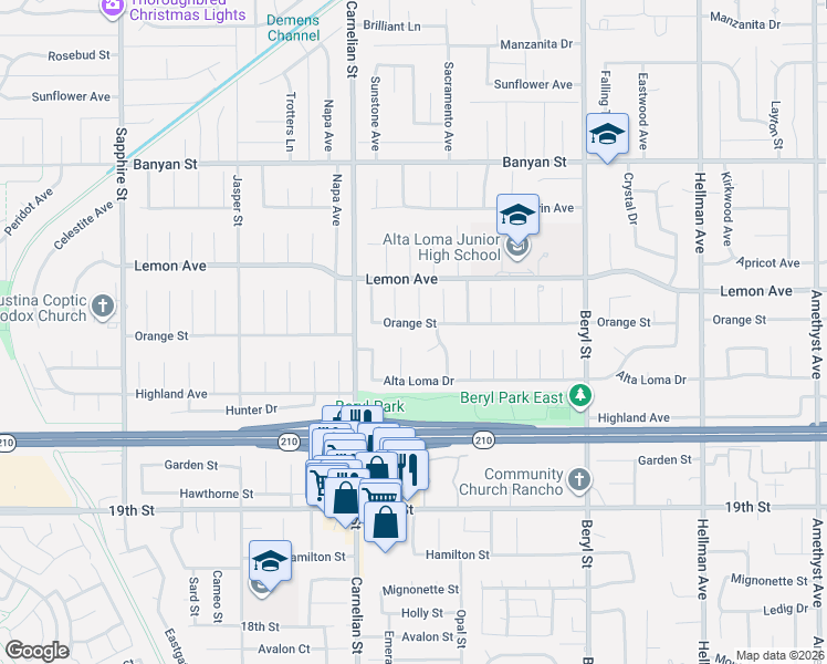 map of restaurants, bars, coffee shops, grocery stores, and more near 6392 Sacramento Avenue in Rancho Cucamonga