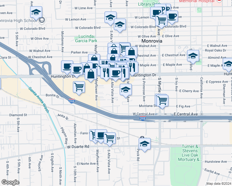 map of restaurants, bars, coffee shops, grocery stores, and more near 1214 South Alta Vista Avenue in Monrovia