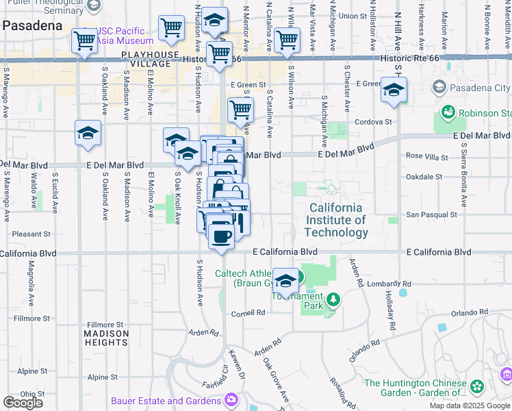 map of restaurants, bars, coffee shops, grocery stores, and more near 441 South Mentor Avenue in Pasadena