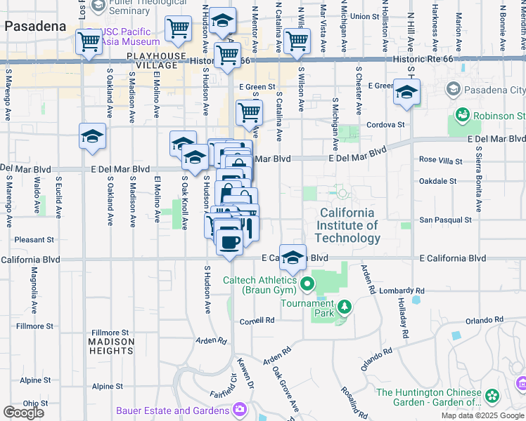 map of restaurants, bars, coffee shops, grocery stores, and more near 441 South Mentor Avenue in Pasadena