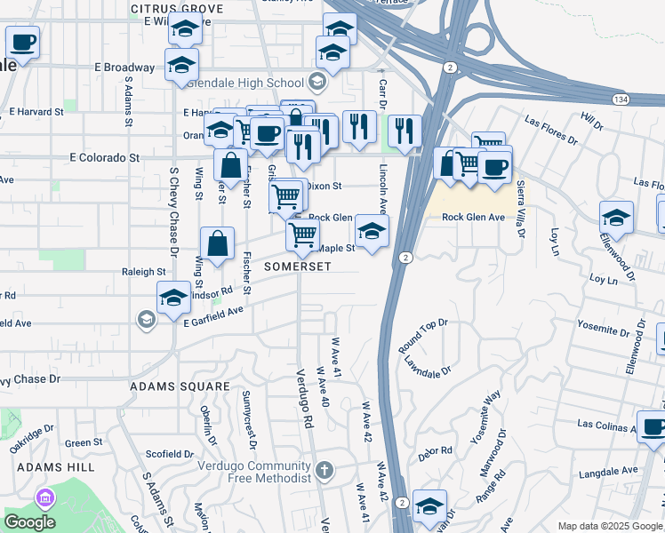 map of restaurants, bars, coffee shops, grocery stores, and more near 1442 East Maple Street in Glendale