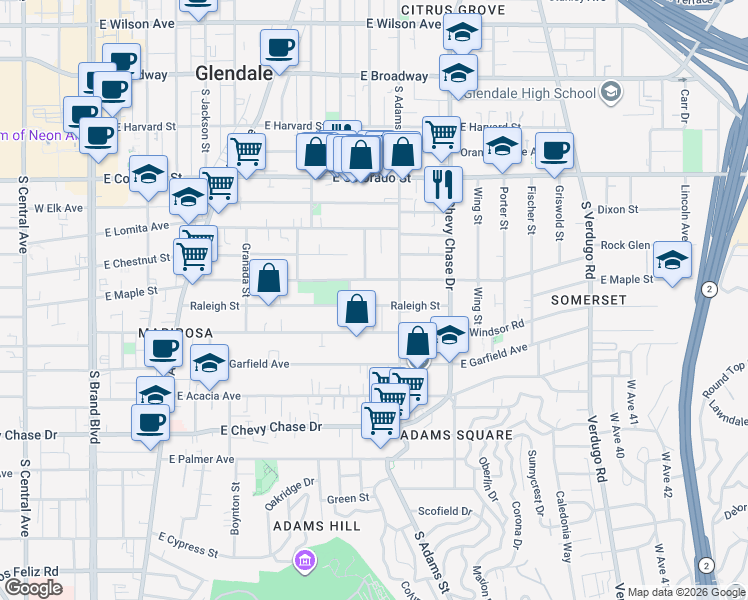 map of restaurants, bars, coffee shops, grocery stores, and more near 905 Raleigh Street in Glendale