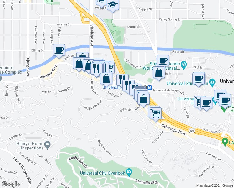 map of restaurants, bars, coffee shops, grocery stores, and more near in Los Angeles