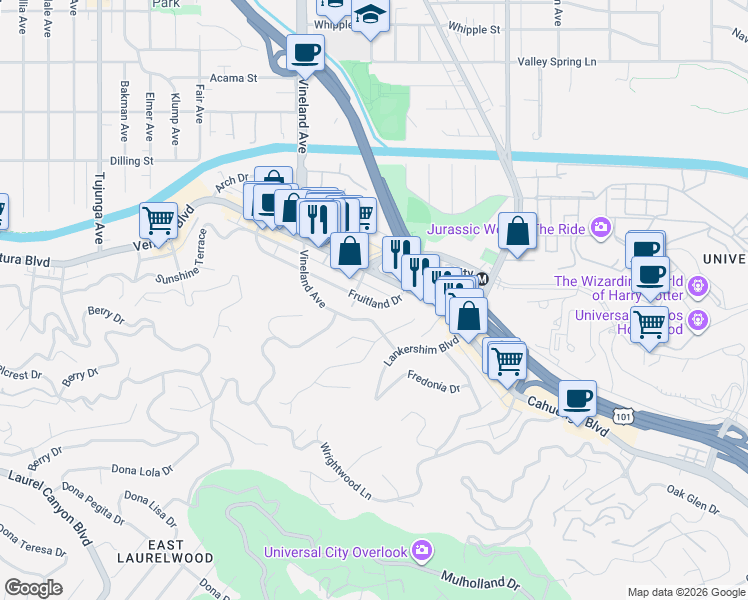 map of restaurants, bars, coffee shops, grocery stores, and more near in Los Angeles