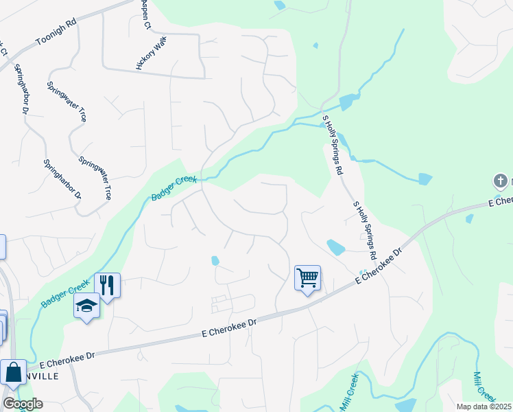 map of restaurants, bars, coffee shops, grocery stores, and more near 713 Parkside Drive in Woodstock