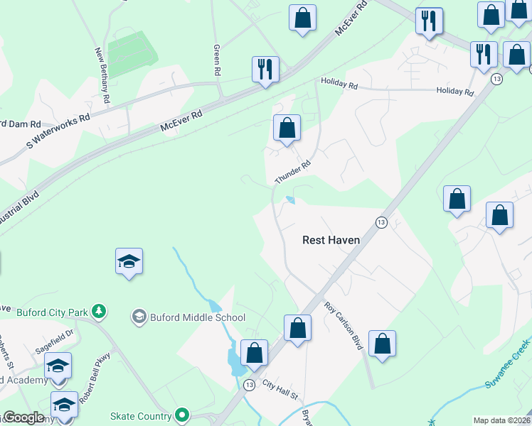 map of restaurants, bars, coffee shops, grocery stores, and more near 426 Thunder Road in Buford