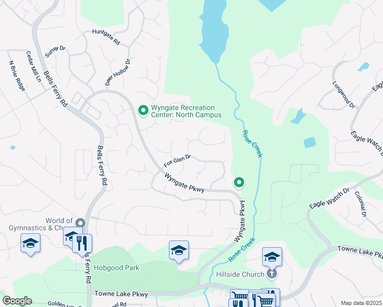 map of restaurants, bars, coffee shops, grocery stores, and more near 3986 Fox Glen Drive in Woodstock