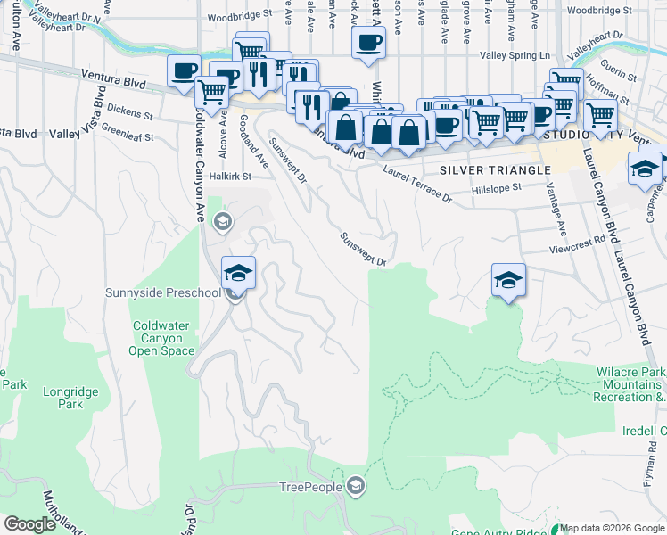 map of restaurants, bars, coffee shops, grocery stores, and more near 3710 Goodland Avenue in Los Angeles