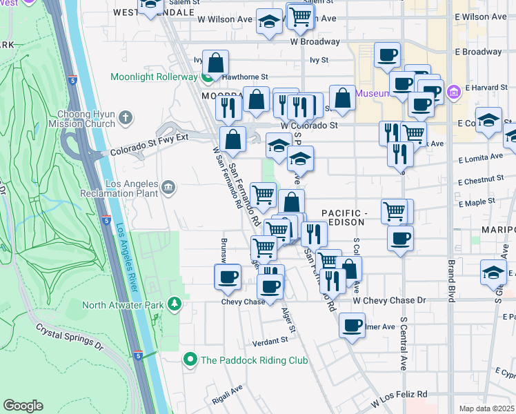 map of restaurants, bars, coffee shops, grocery stores, and more near 4742 San Fernando Rd in Glendale