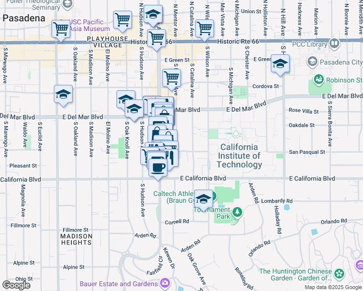 map of restaurants, bars, coffee shops, grocery stores, and more near 975 San Pasqual Street in Pasadena