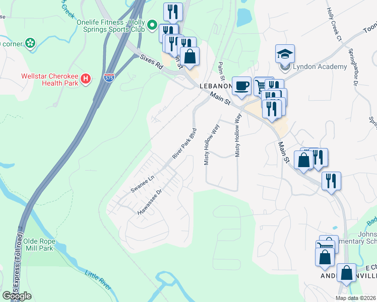 map of restaurants, bars, coffee shops, grocery stores, and more near 1579 River Park Boulevard in Woodstock
