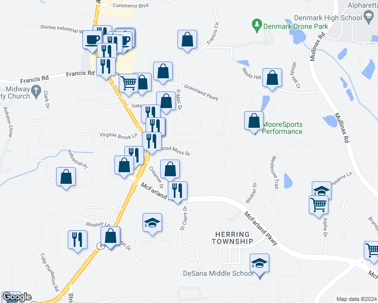 map of restaurants, bars, coffee shops, grocery stores, and more near 6165 Crested Moss Drive in Alpharetta
