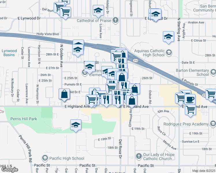 map of restaurants, bars, coffee shops, grocery stores, and more near 1539 Pumalo Street East in San Bernardino