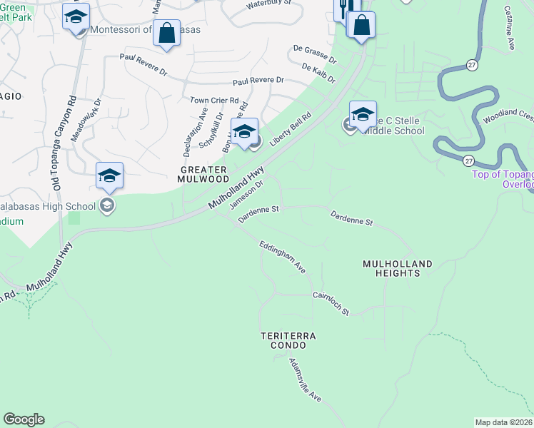map of restaurants, bars, coffee shops, grocery stores, and more near 22530 Dardenne Street in Calabasas