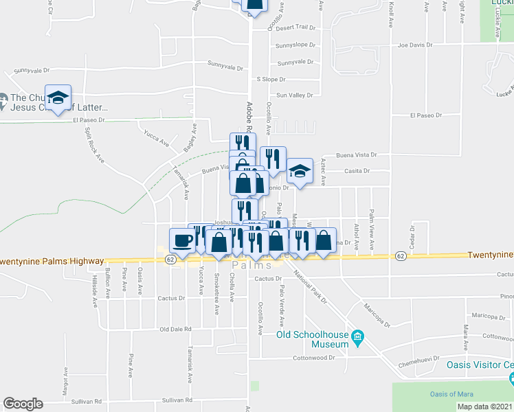 map of restaurants, bars, coffee shops, grocery stores, and more near 6345 Adobe Road in Twentynine Palms