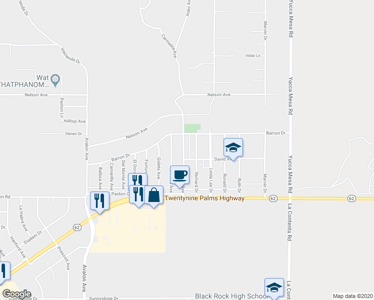 map of restaurants, bars, coffee shops, grocery stores, and more near 6317 Indio Avenue in Yucca Valley