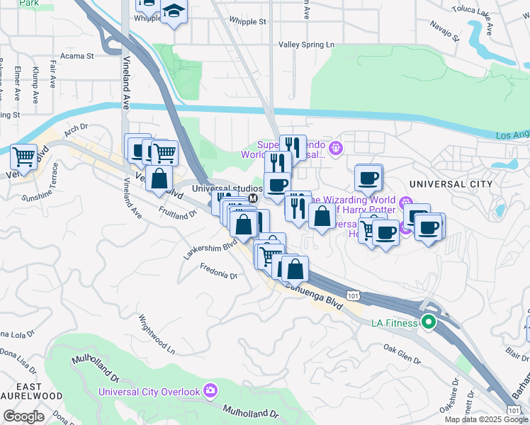 map of restaurants, bars, coffee shops, grocery stores, and more near 111 Universal Hollywood Drive in Los Angeles County
