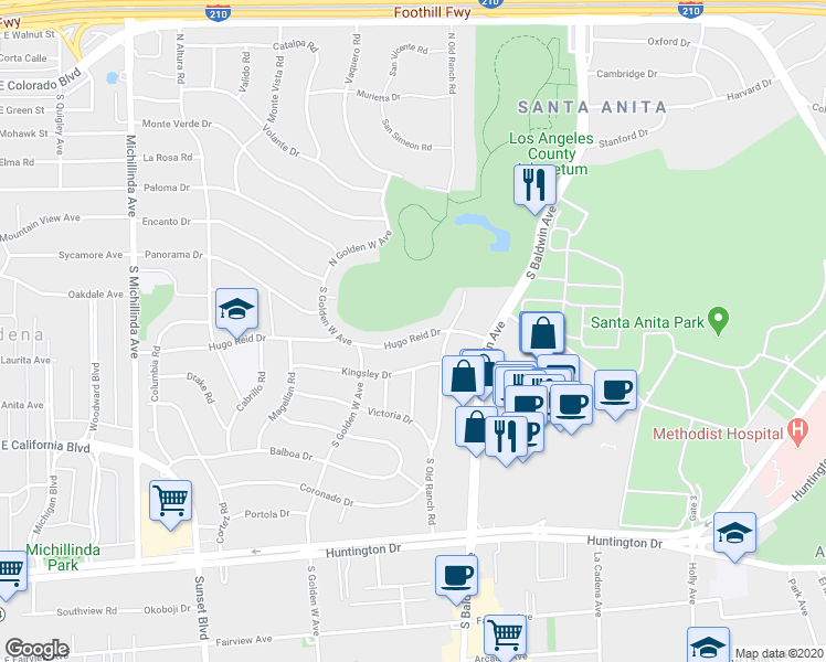 map of restaurants, bars, coffee shops, grocery stores, and more near 833 Hugo Reid Drive in Arcadia