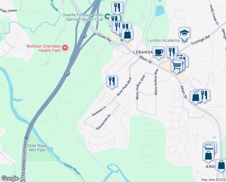 map of restaurants, bars, coffee shops, grocery stores, and more near 1700 River Park Boulevard in Woodstock