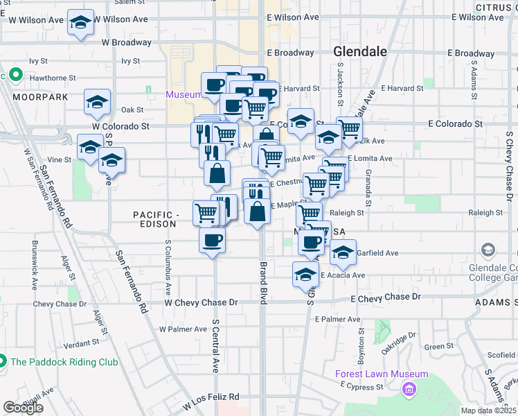 map of restaurants, bars, coffee shops, grocery stores, and more near 103 West Maple Street in Glendale