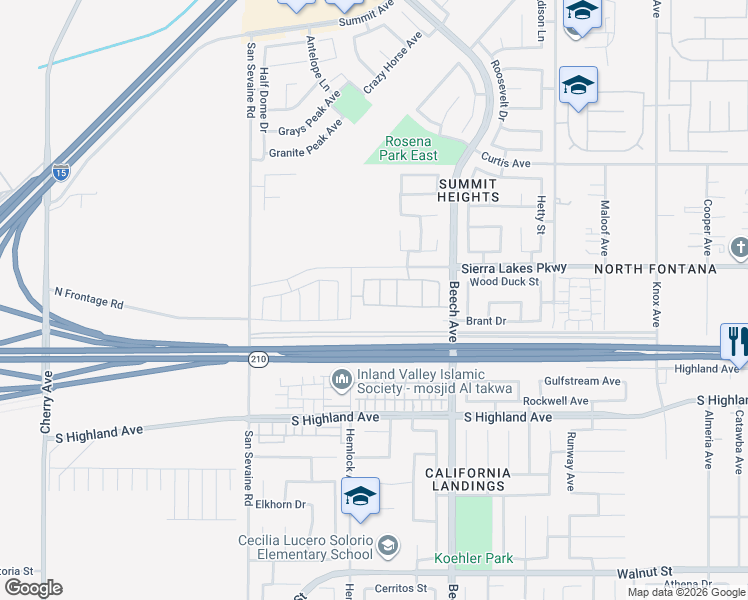 map of restaurants, bars, coffee shops, grocery stores, and more near 6372 Keystone Way in Fontana