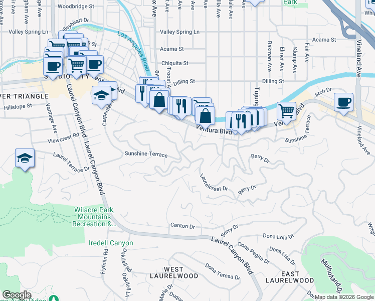 map of restaurants, bars, coffee shops, grocery stores, and more near 11587 Sunshine Terrace in Los Angeles
