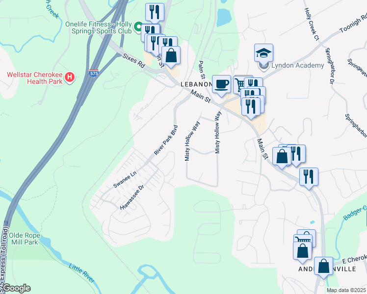map of restaurants, bars, coffee shops, grocery stores, and more near 177 Misty Hollow Way in Woodstock