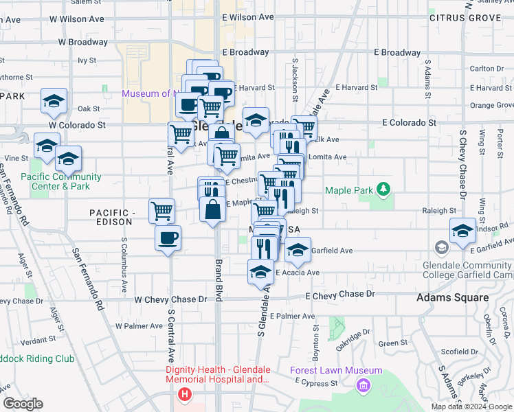 map of restaurants, bars, coffee shops, grocery stores, and more near 705 South Louise Street in Glendale