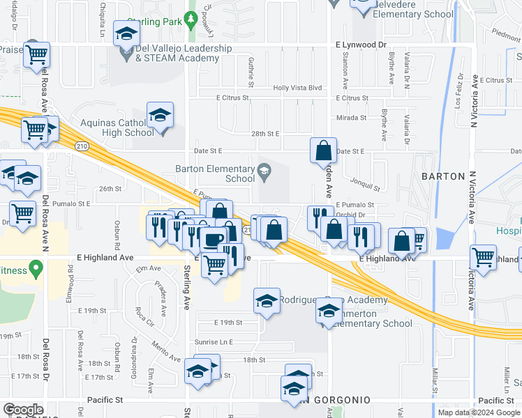 map of restaurants, bars, coffee shops, grocery stores, and more near Pumalo Street in San Bernardino