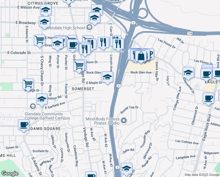 map of restaurants, bars, coffee shops, grocery stores, and more near 1523 East Windsor Road in Glendale