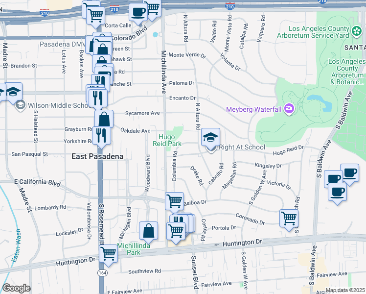 map of restaurants, bars, coffee shops, grocery stores, and more near 1136 Columbia Road in Arcadia