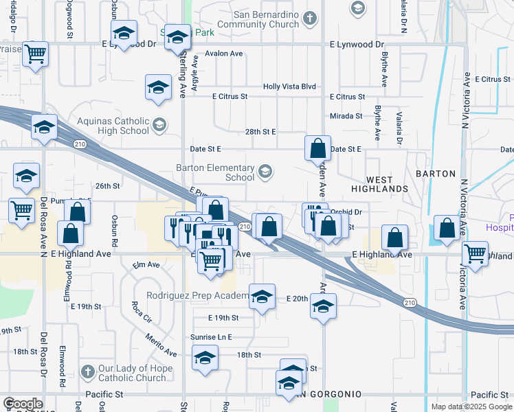 map of restaurants, bars, coffee shops, grocery stores, and more near Pumalo Street in San Bernardino