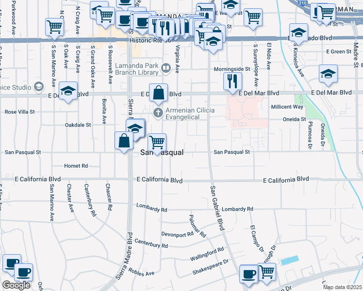 map of restaurants, bars, coffee shops, grocery stores, and more near 434 Northcliff Road in Pasadena