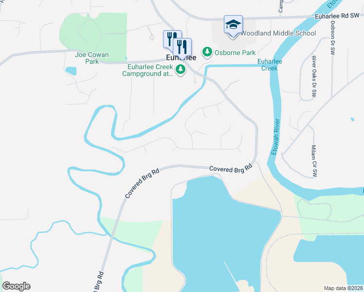 map of restaurants, bars, coffee shops, grocery stores, and more near 50 Lazy Water Drive Southwest in Cartersville