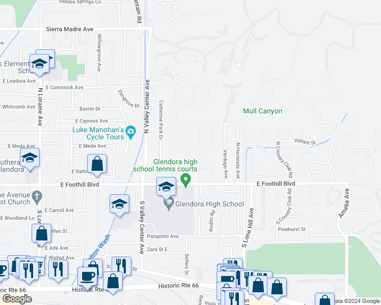 map of restaurants, bars, coffee shops, grocery stores, and more near 208 Oak Tree Drive in Glendora
