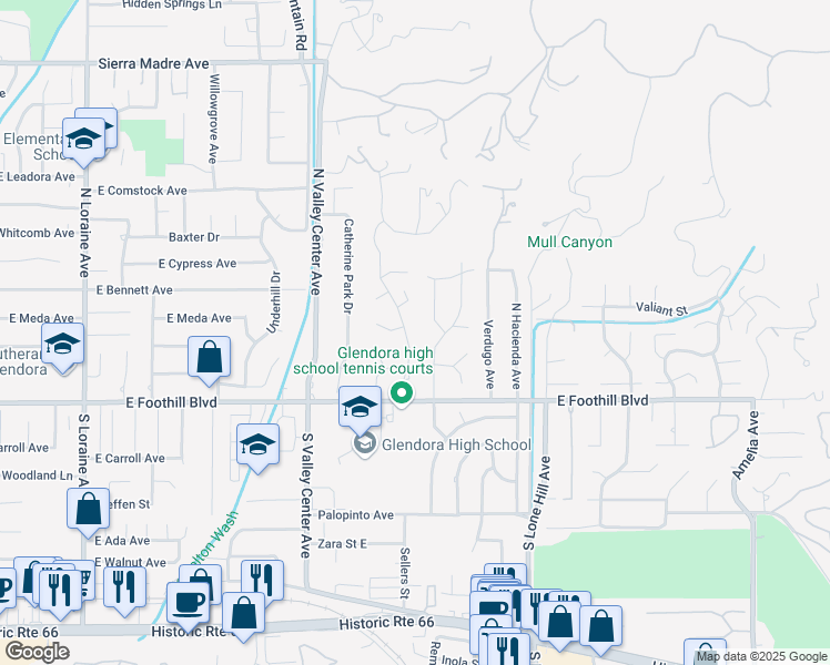 map of restaurants, bars, coffee shops, grocery stores, and more near 208 Oak Tree Drive in Glendora