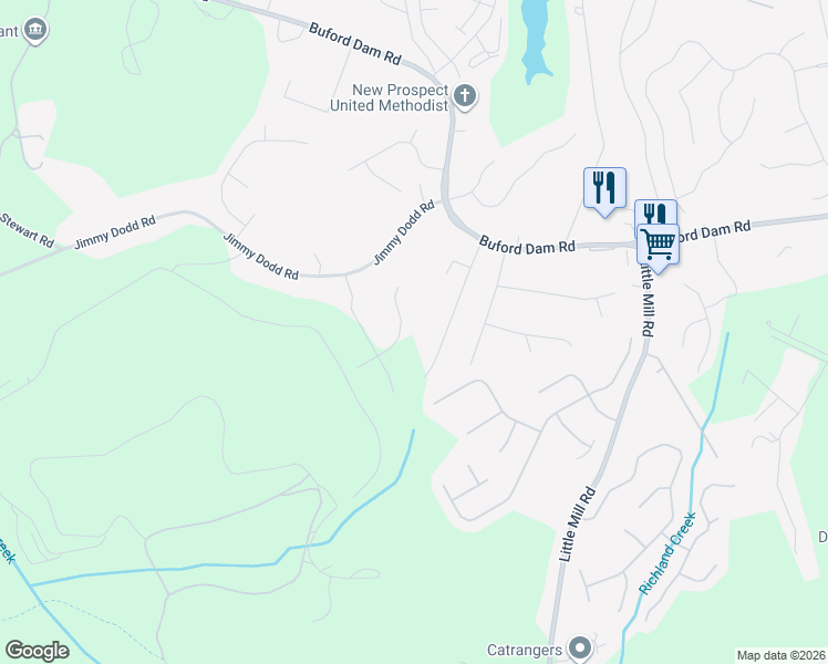 map of restaurants, bars, coffee shops, grocery stores, and more near 3865 Maple Wood Trail in Buford